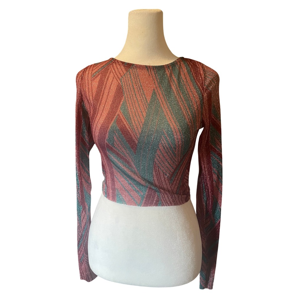 Codigo Women Y2K Metallic Shimmer Sheer Festival Crop Top S Pink Teal Rave Party